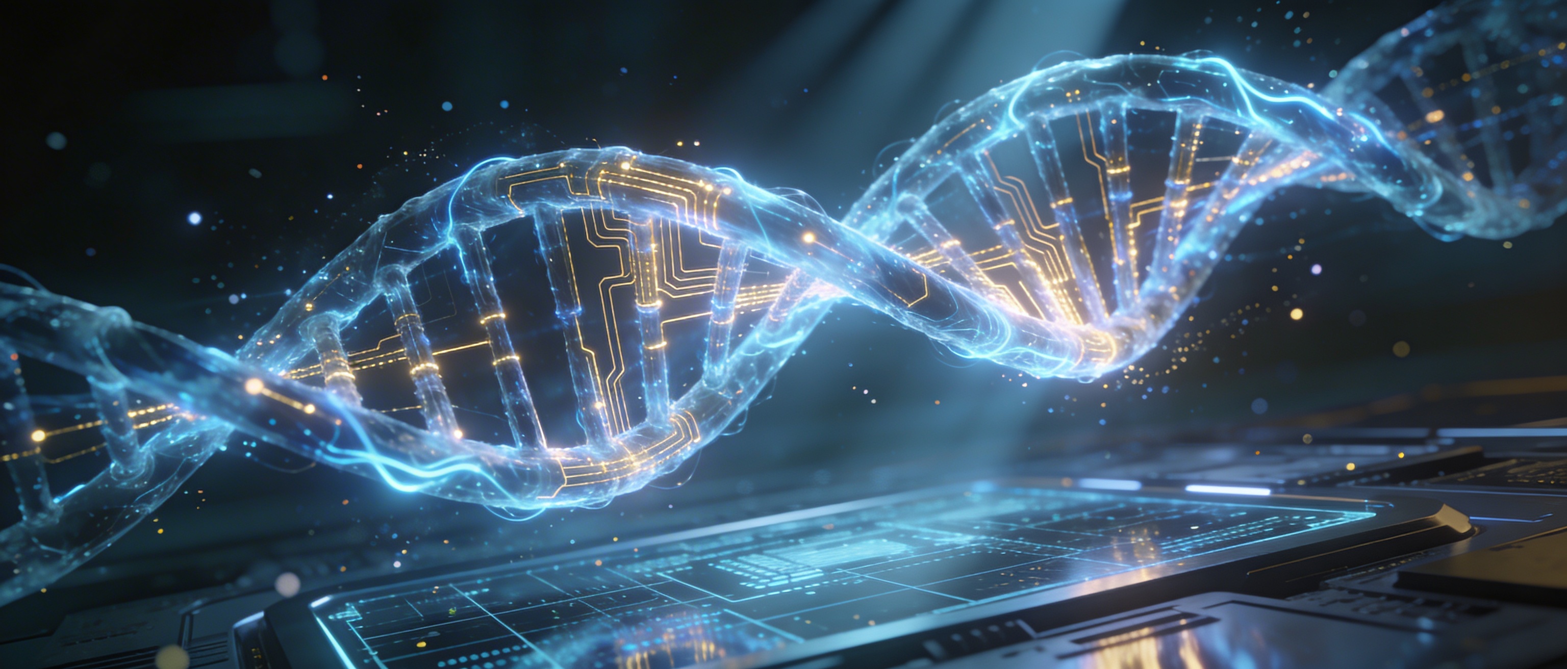 Hélice de DNA digital com traços de luz azul