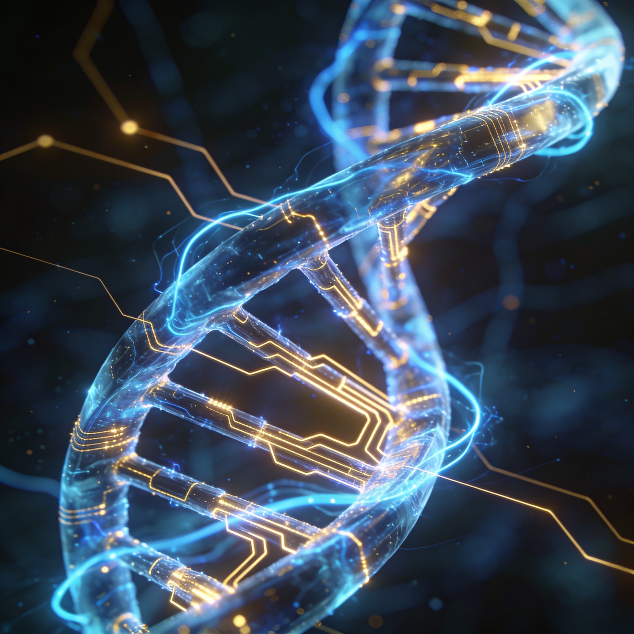 DNA helix com circuitos dourados — azul elétrico vertical
