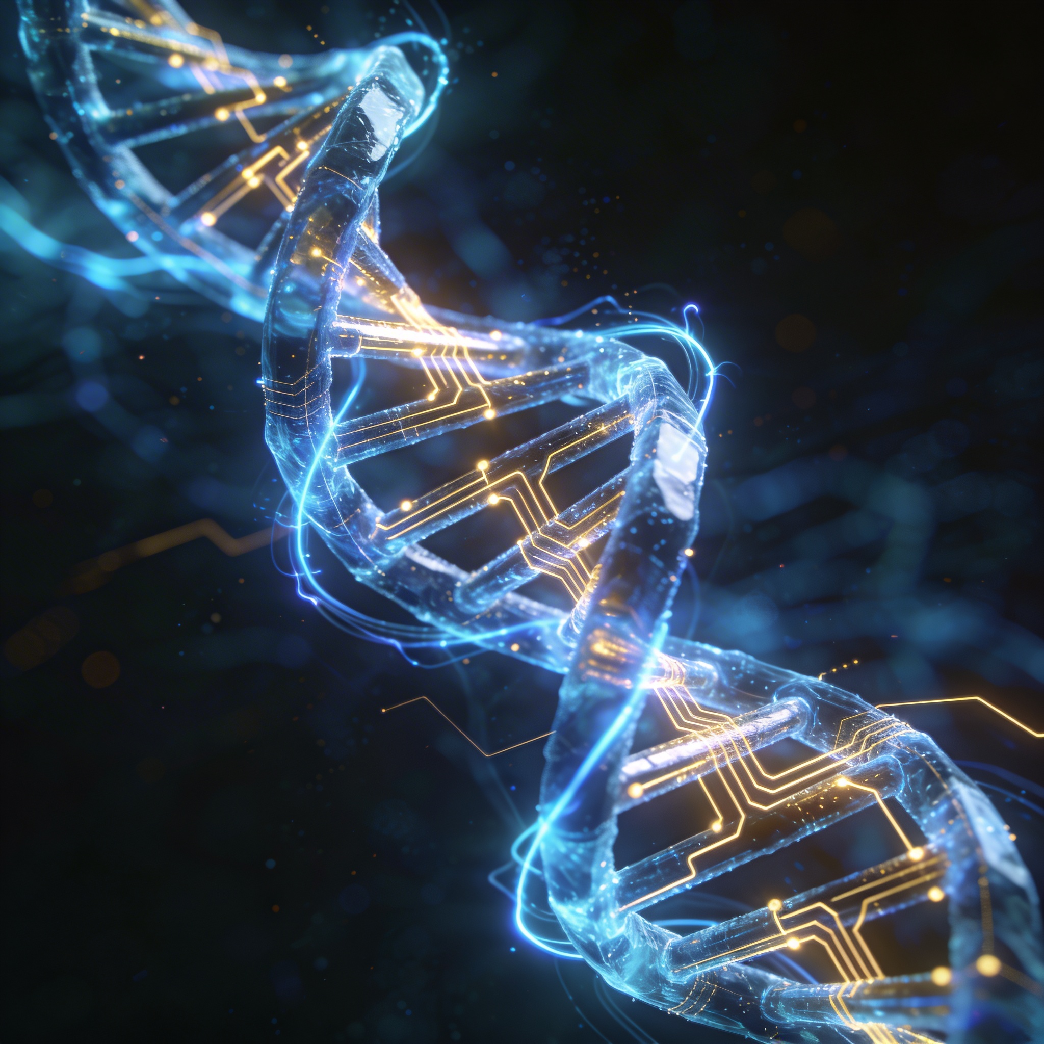Estrutura de DNA tridimensional com partículas azuis